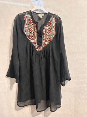 Cute option Black Sheer Embroidered Tunic small Red & Gold Accents summer beach
